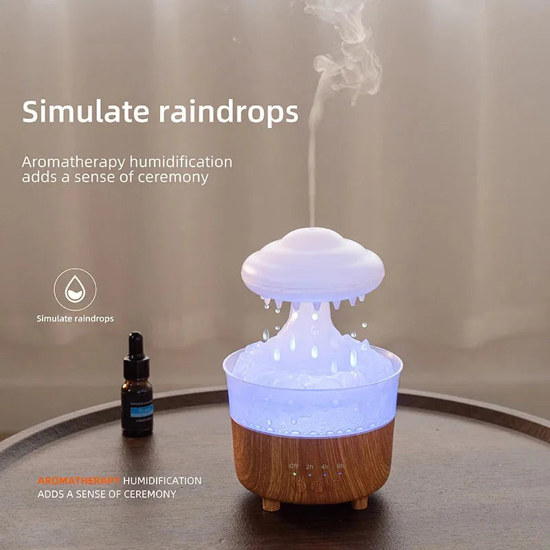 Rain cloud shaped humidifier with wood grain finish emitting mist and glowing with 7-color LED light