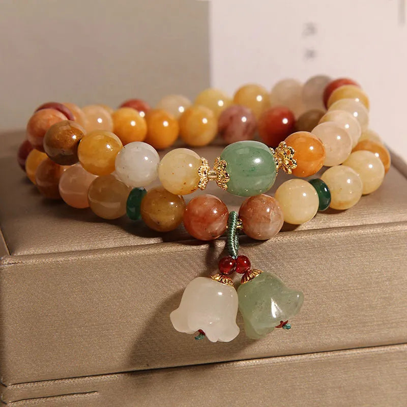 Natural jade multi-layer women's bracelet with orchid pendant charm on adjustable fastening