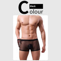 Men's mesh boxer briefs in various colours showing thin sheer fabric and low waist design.