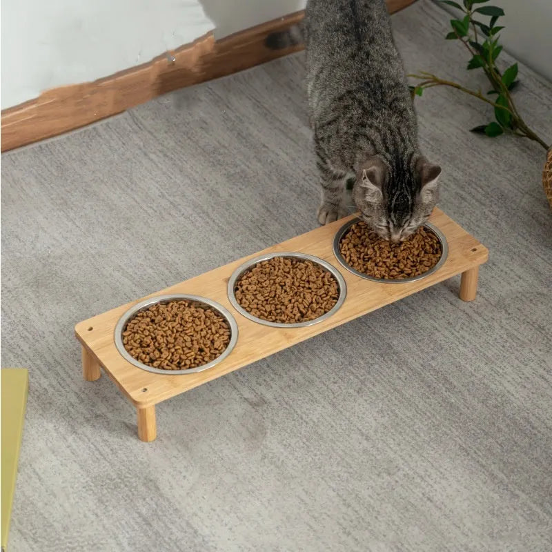 Square bamboo pet feeder with two stainless steel bowls, anti-tumble dog and cat bowl set