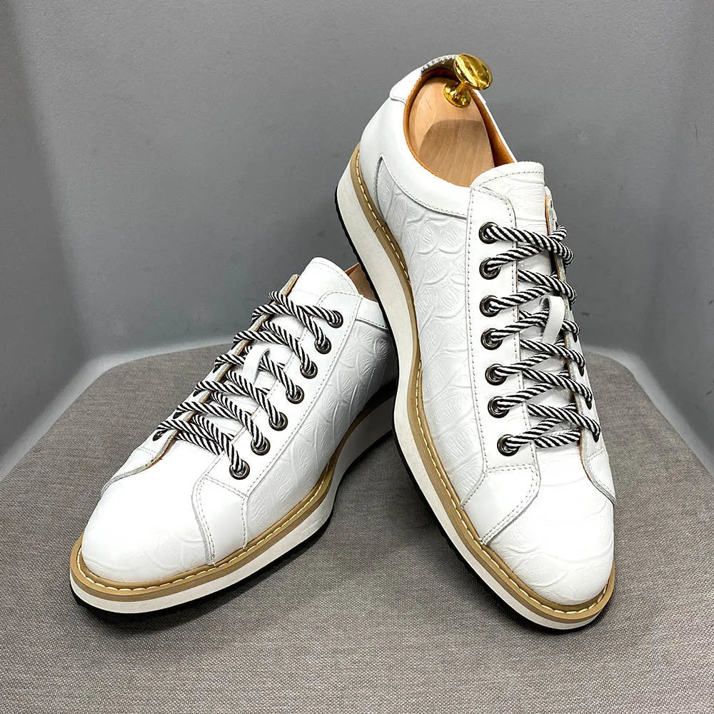 Men's handmade low-top canvas shoes with embossed pattern and front lace-up closure in multiple colours
