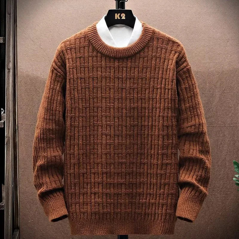 Men's loose crew neck knit sweater in black, white, or brown, polyester pullover, sizes S to XXL