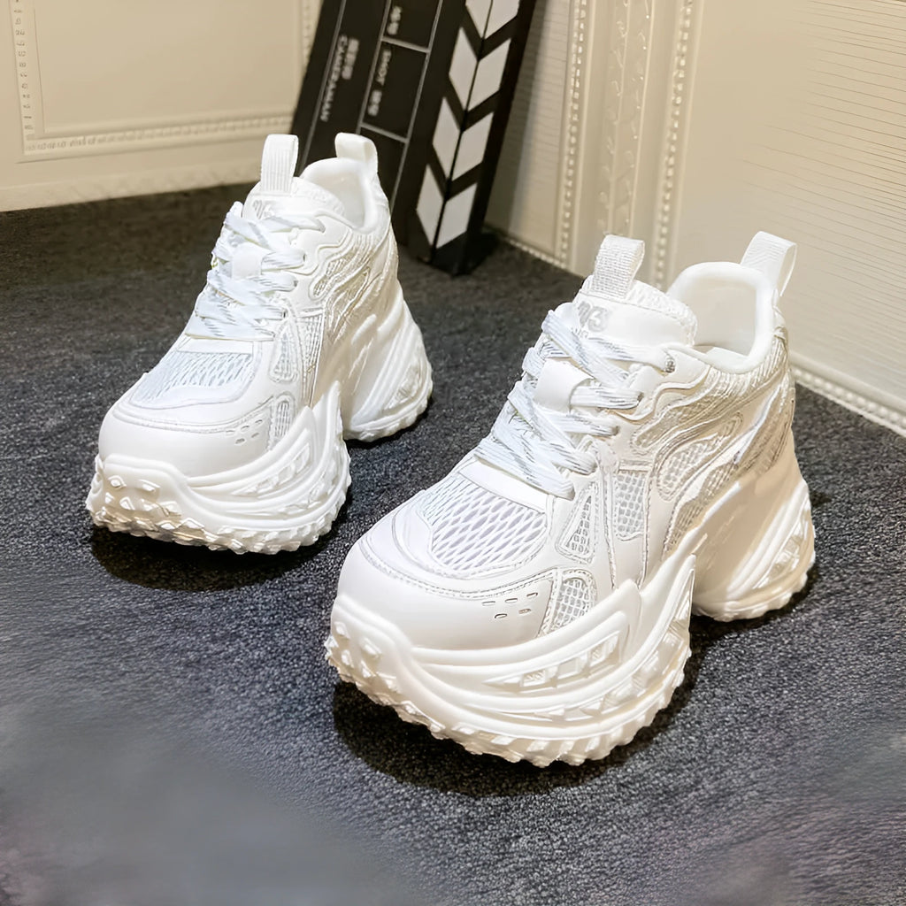 White women's lace-up dad shoes with height increasing insole for an 8cm+ heel boost