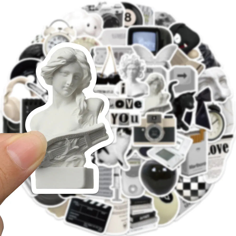 Black and white waterproof sticker sheet with 61 designs for laptop cup phone case decoration