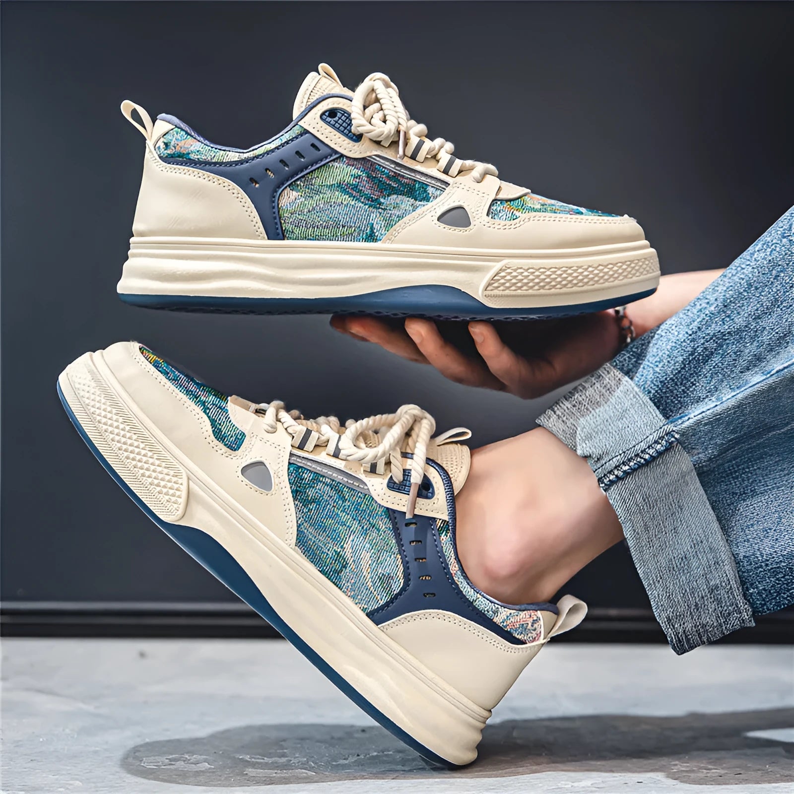 Casual canvas shoes with color matching pattern in Milan green and beige featuring flat heel and round toe design