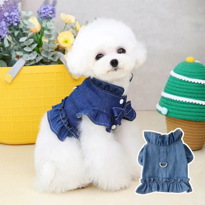Denim dog dress with ruffle vest and leash hook points on chest and back in dark blue