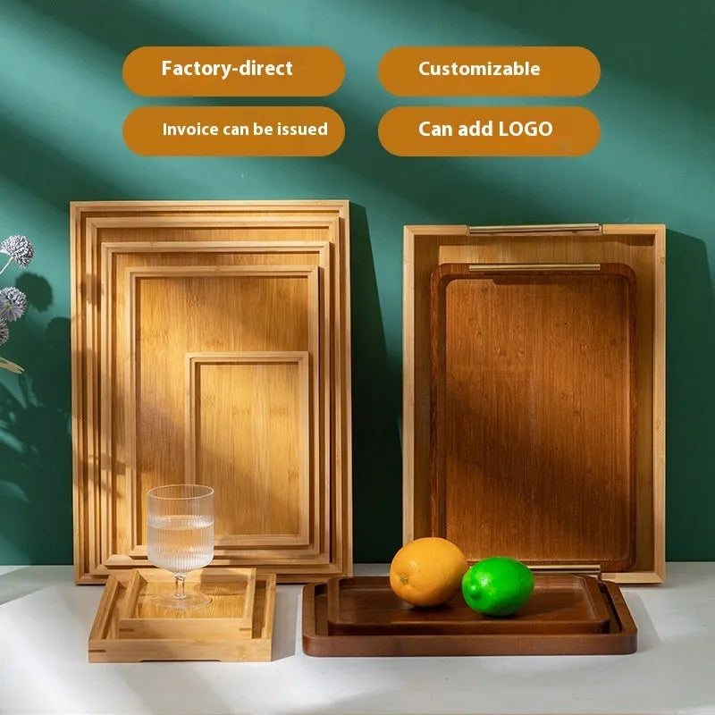 Square bamboo tray with brown wooden handle for restaurant and cafe service