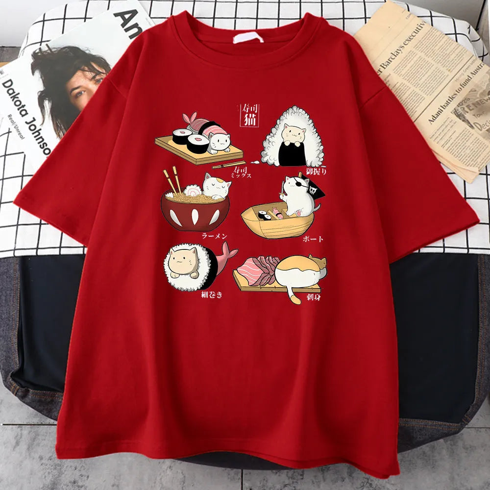 Men's grey Cat Sushi cartoon graphic printed on a loose-fit cotton short-sleeve T-shirt.