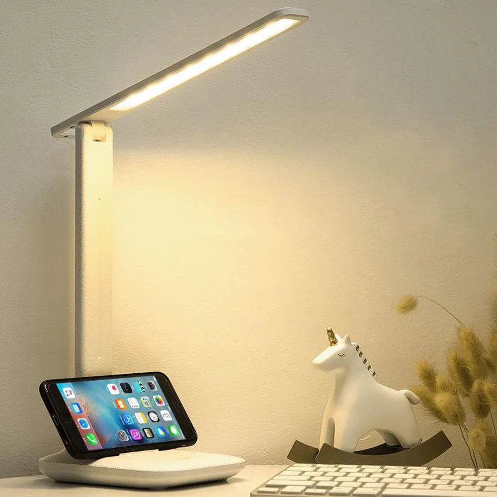 White plastic touch dimming bedside lamp with USB charging socket for children's bedrooms