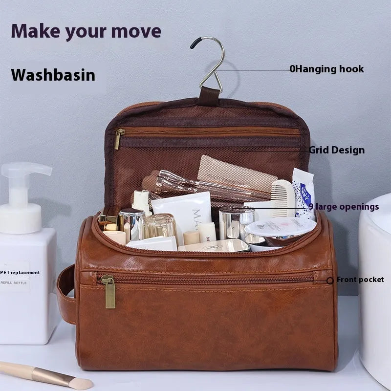 Large capacity waterproof makeup bag in Pu leather available in six colour options including black, navy, beige and brown