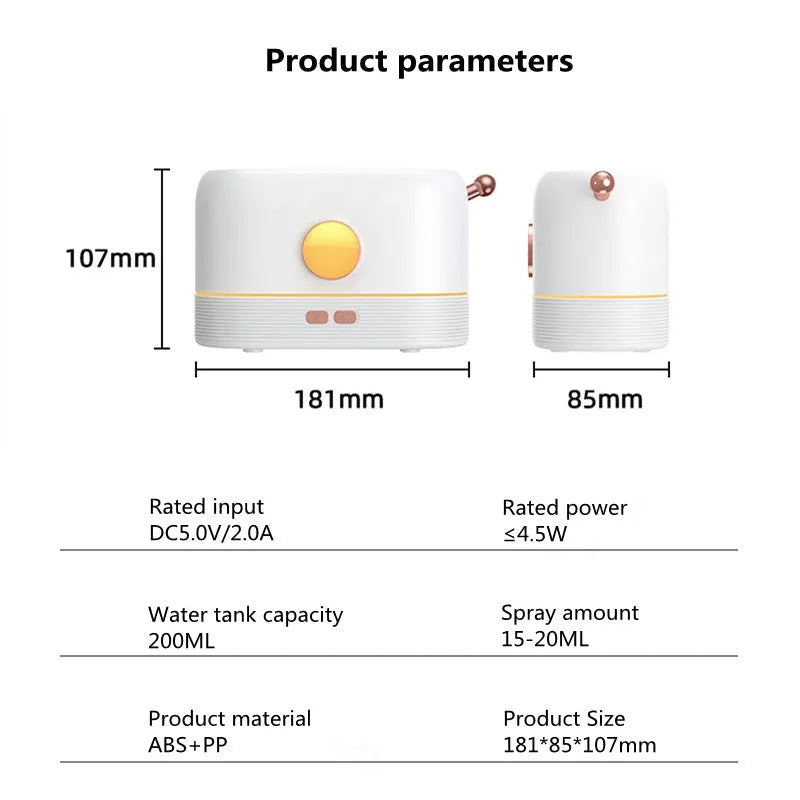 Black USB desktop humidifier with glowing simulated flame effect and water mist output.