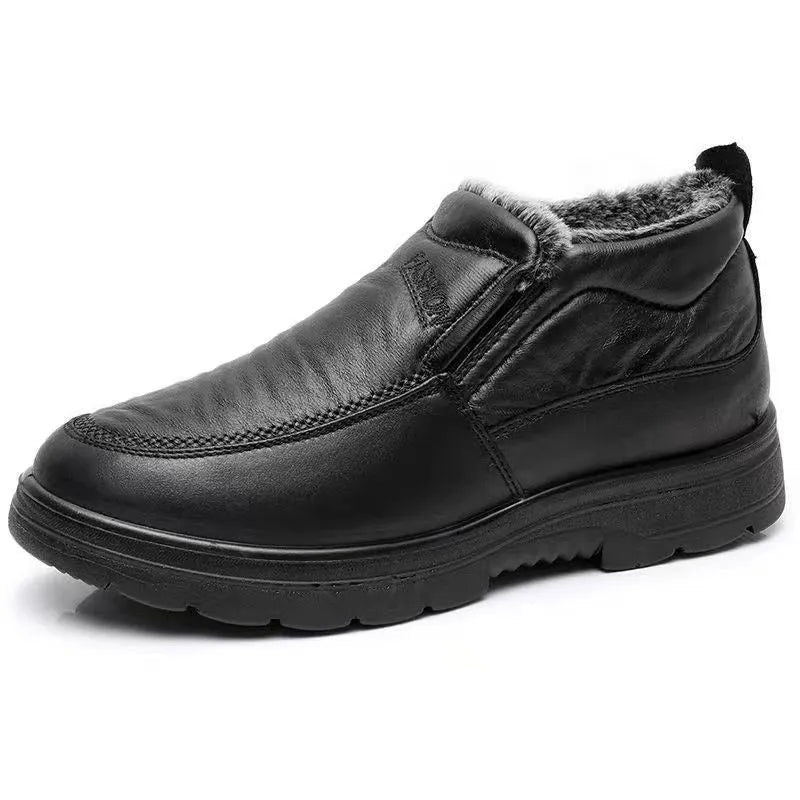 Men's black fleece-lined waterproof winter slippers with a non-slip rubber sole.