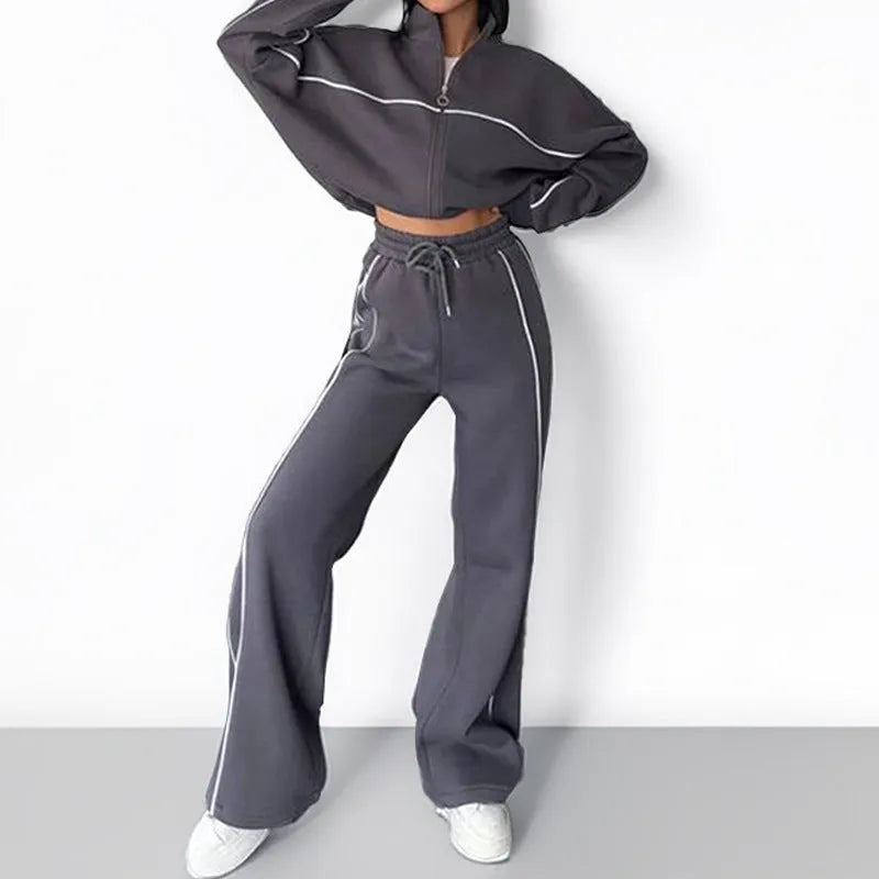 Women's casual two-piece suit with zippered hoodie and striped trousers in apricot colour
