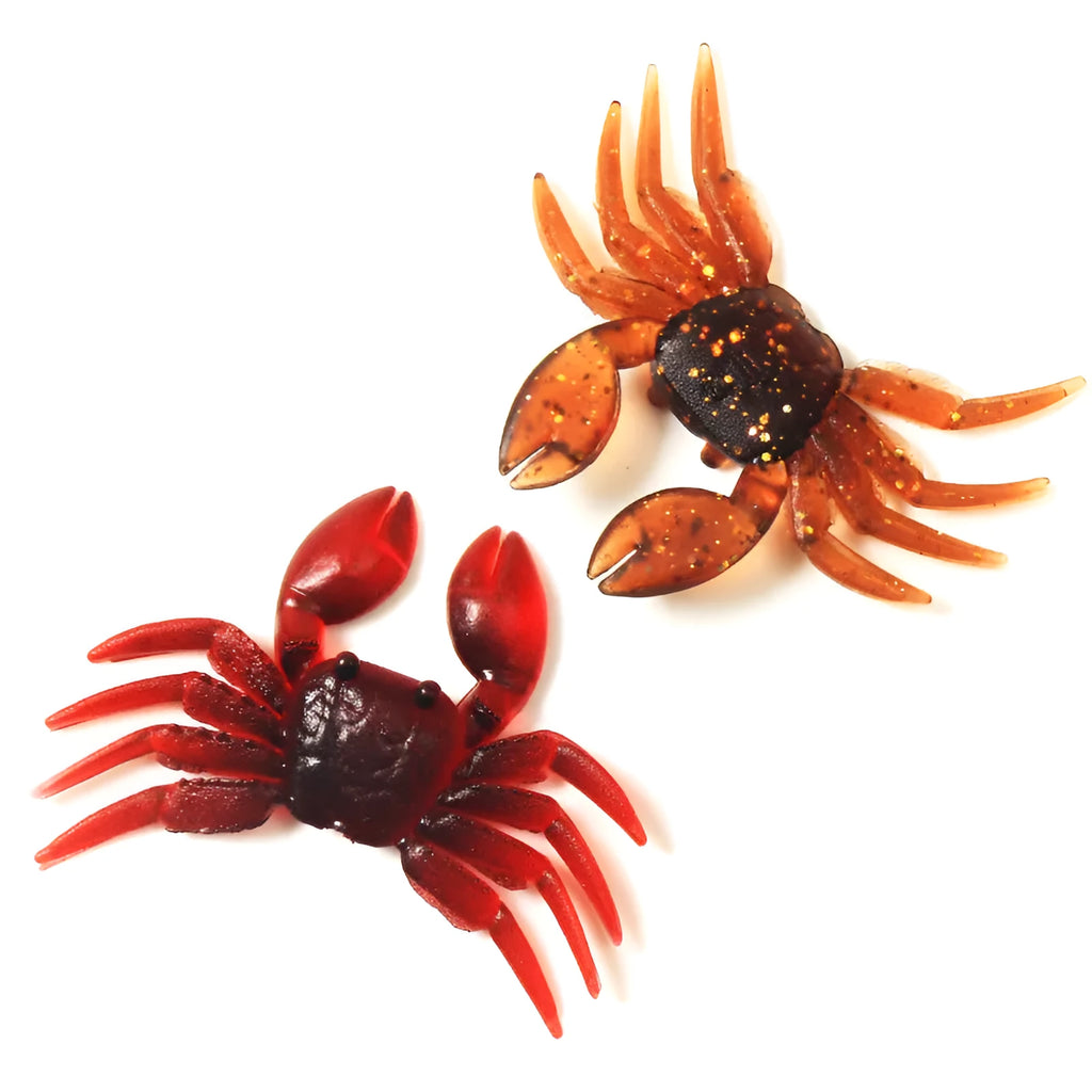 Red and brown 8cm long PVC soft plastic crab fishing lure on a white background.