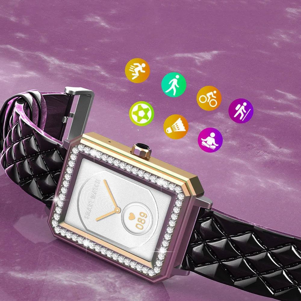 Women's smart bracelet with high-definition screen and genuine leather strap in black gold colour