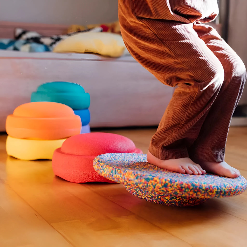 Plastic wood surf balance board for children aged 4-6, shown in mixed colour and black wood finish options.