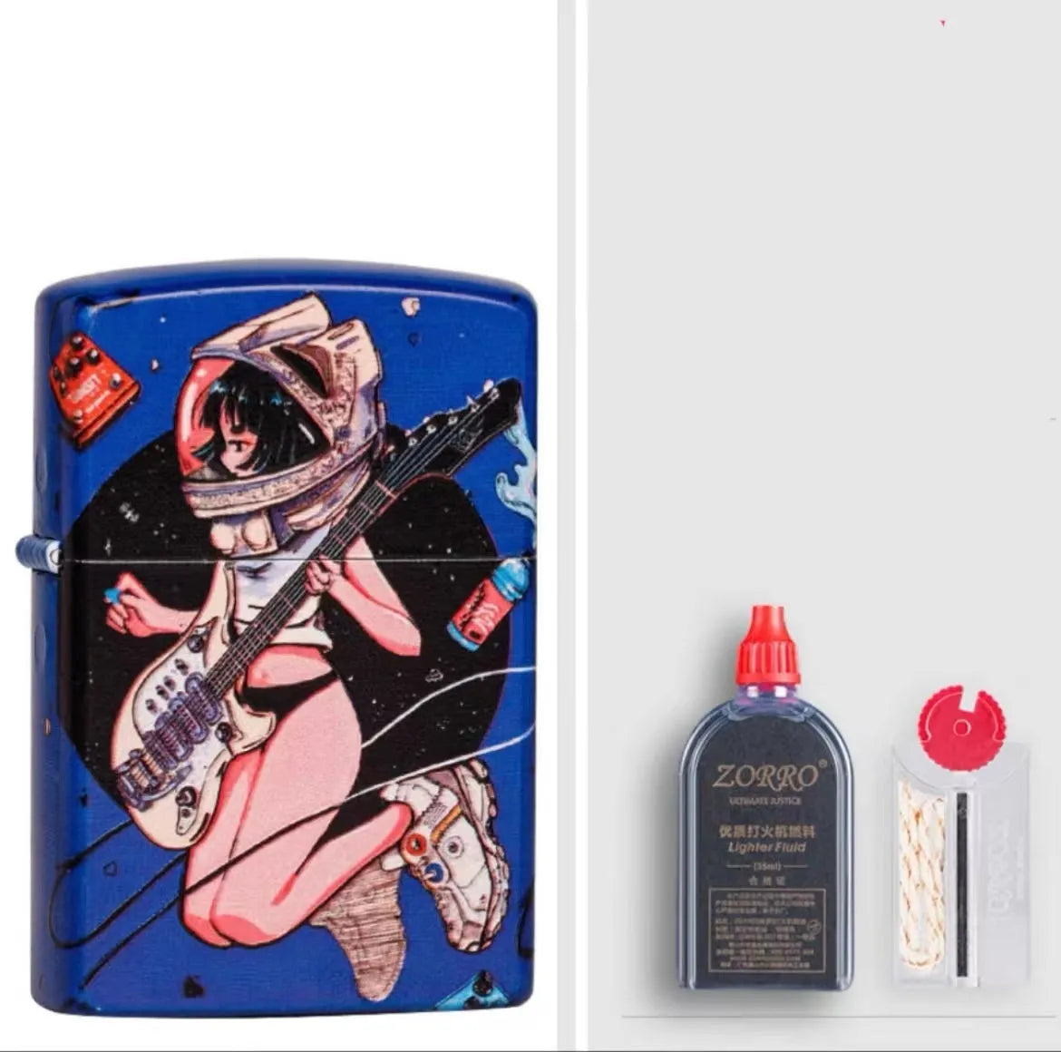 Windproof kerosene lighter with grinding wheel ignition in copper casing showing decorative design options
