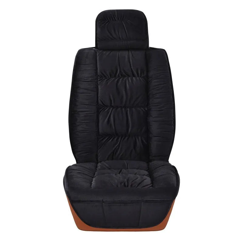 Plush winter car seat cushion shown in a grey set, with soft texture and fitting on a car seat.