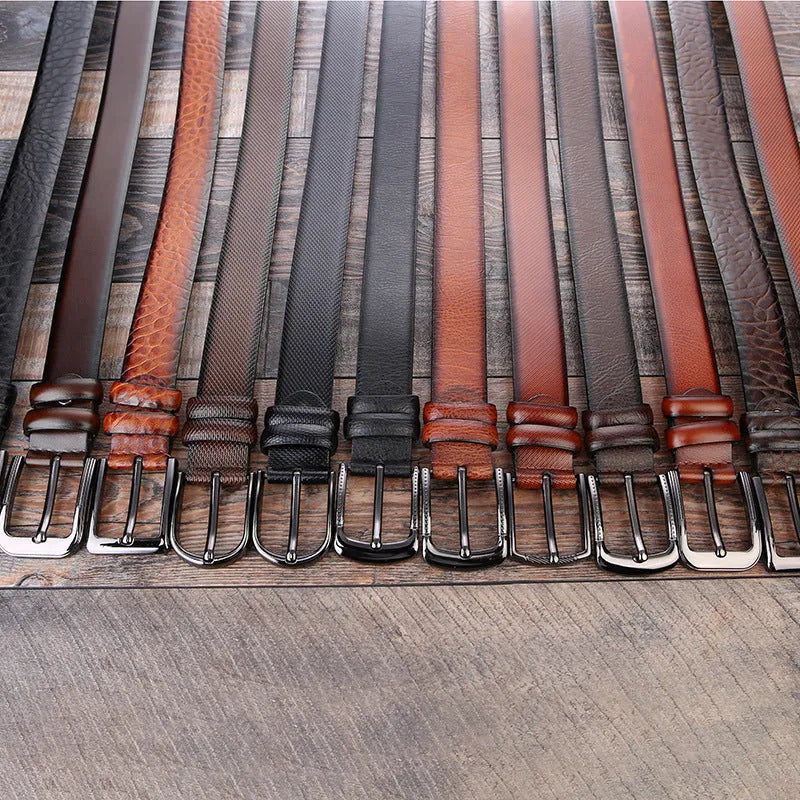 Men's business belt with electroplated alloy buckle showing laser logo pattern detail