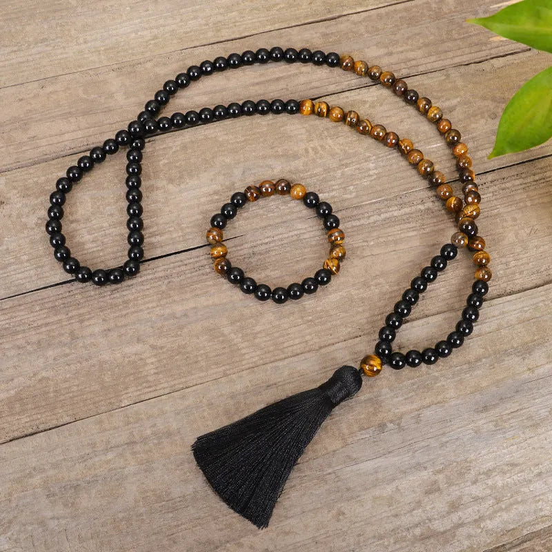 Tiger eye stone necklace with tassel pendant on ball bead chain