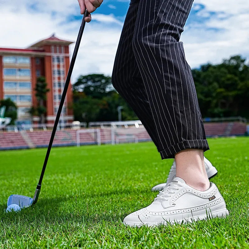 Men's lightweight golf shoe in Lake Blue or White with genuine leather upper and non-slip rubber outsole, sizes 39-47
