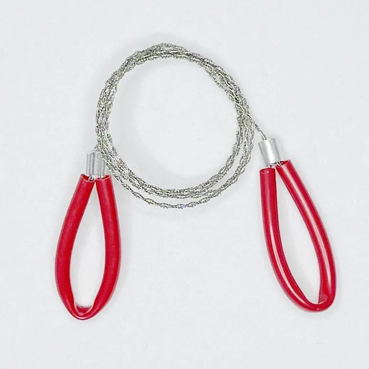 Portable survival wire saw with leather case showing black and red colour options