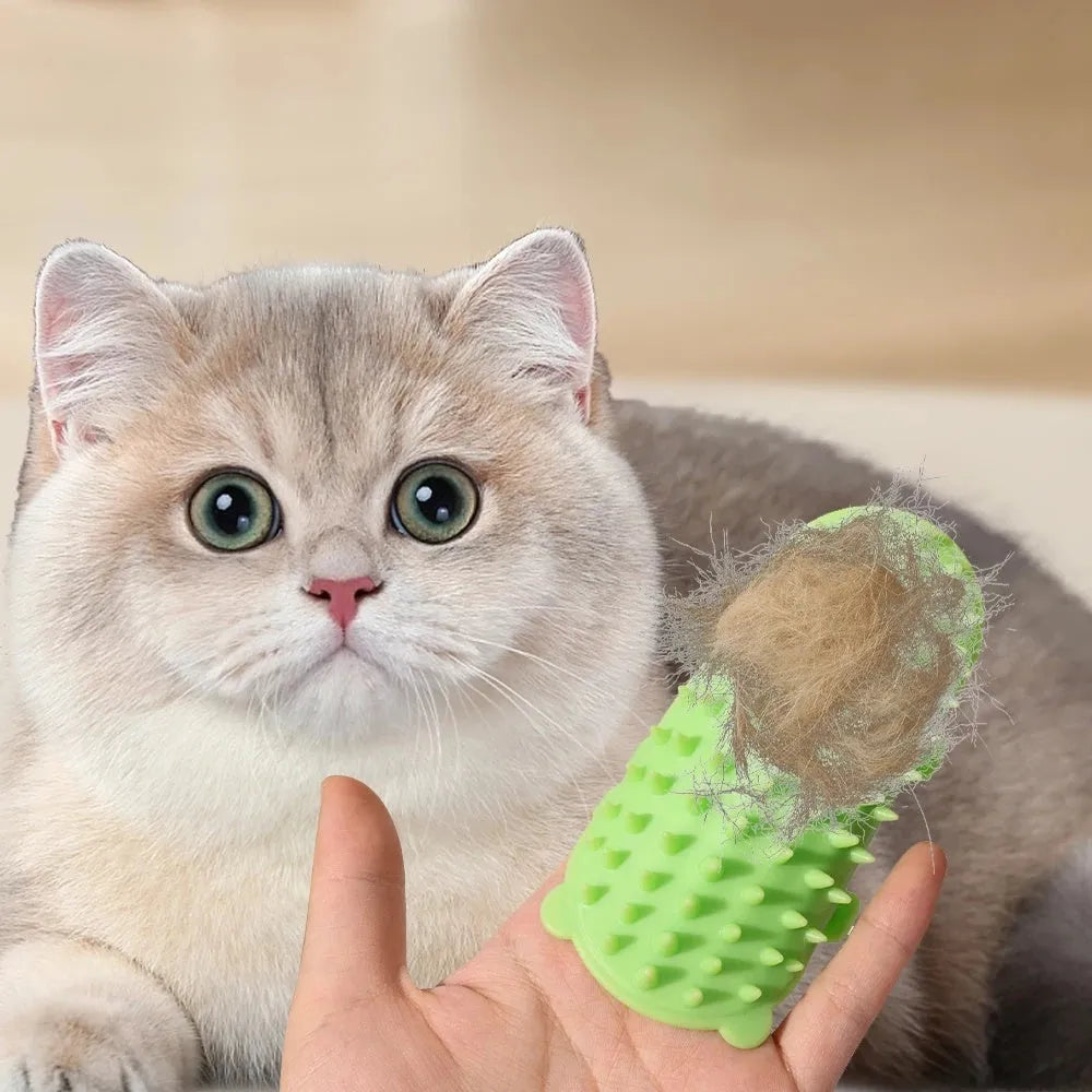 Silicone cat grooming comb scratcher with adjustable strap mounted on a table leg
