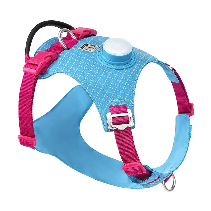 Adjustable dog harness with LED light for night walking in light purple, green, black, orange, white, or blue