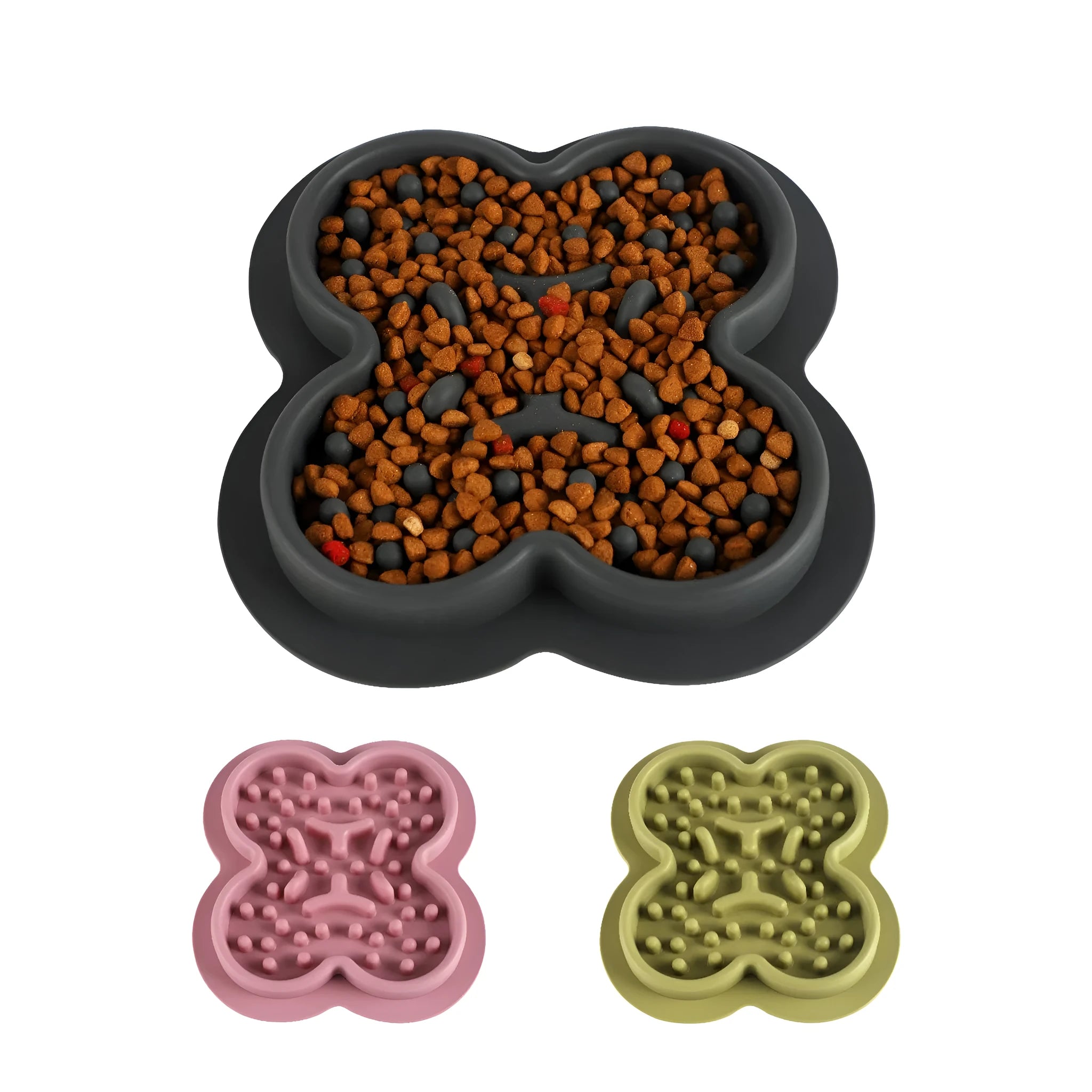 Silicone pet licking pad slow feeder mat in assorted colours on a floor