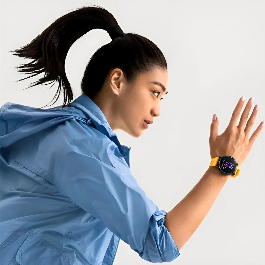 Smart watch with dual band GPS and swimming waterproof rating on a silicone strap.