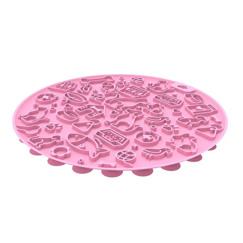 Round silicone pet licking mat with suction cup, shown in blue colour option.