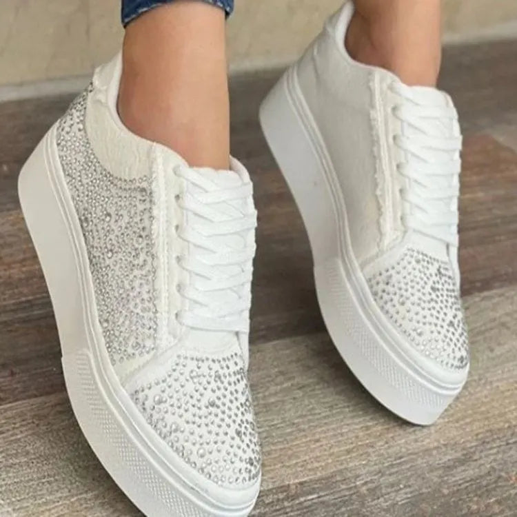 Plus size women's low-top casual shoes with rhinestones, lace-up front, and thick rubber sole.