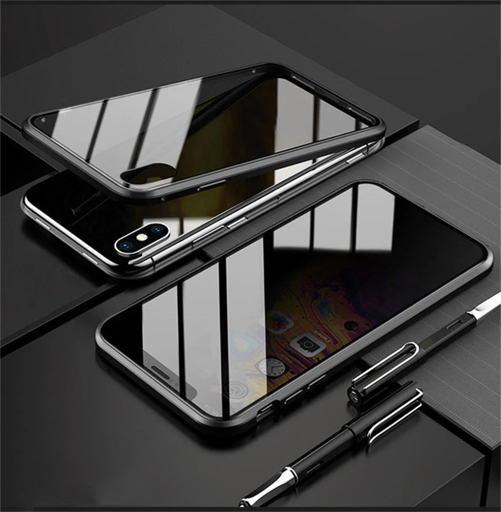 Anti-peep magnetic privacy glass case for iPhone XR XS Max X SE 2020 with metal edge and 9H tempered glass, 3-colour set