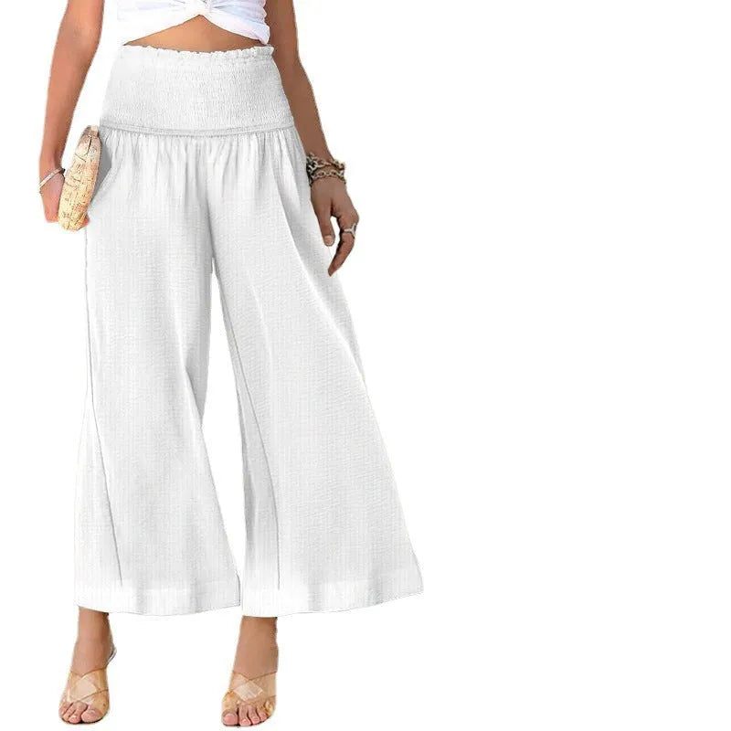 Women's cotton linen blend trousers with high waist pleating and cropped straight-leg design