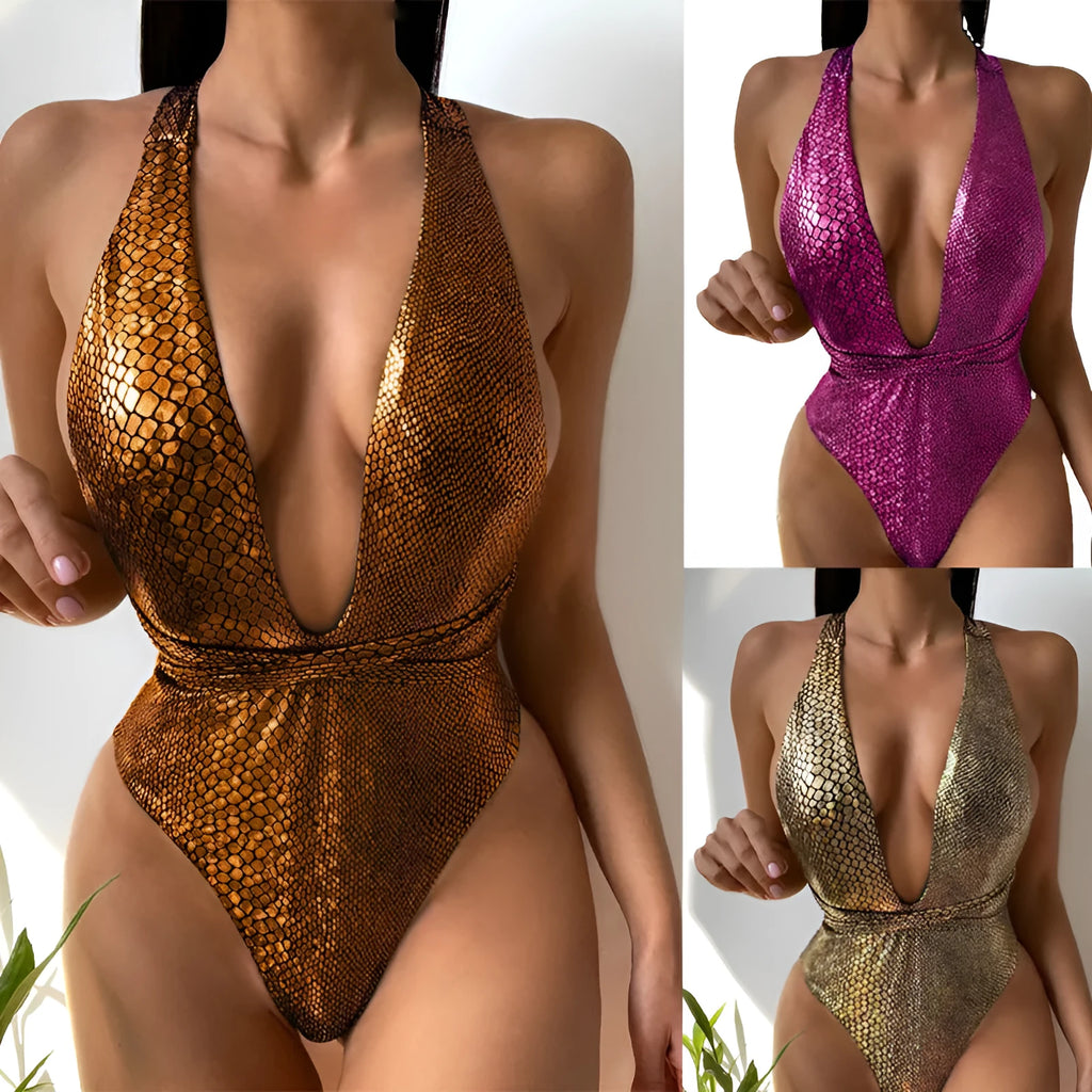 Rose red sequined one-piece swimsuit for women with polyester lining in European fashion style