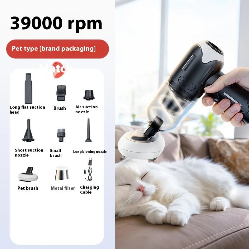 Handheld cordless pet hair vacuum cleaner with attachments including floor brush and nozzle