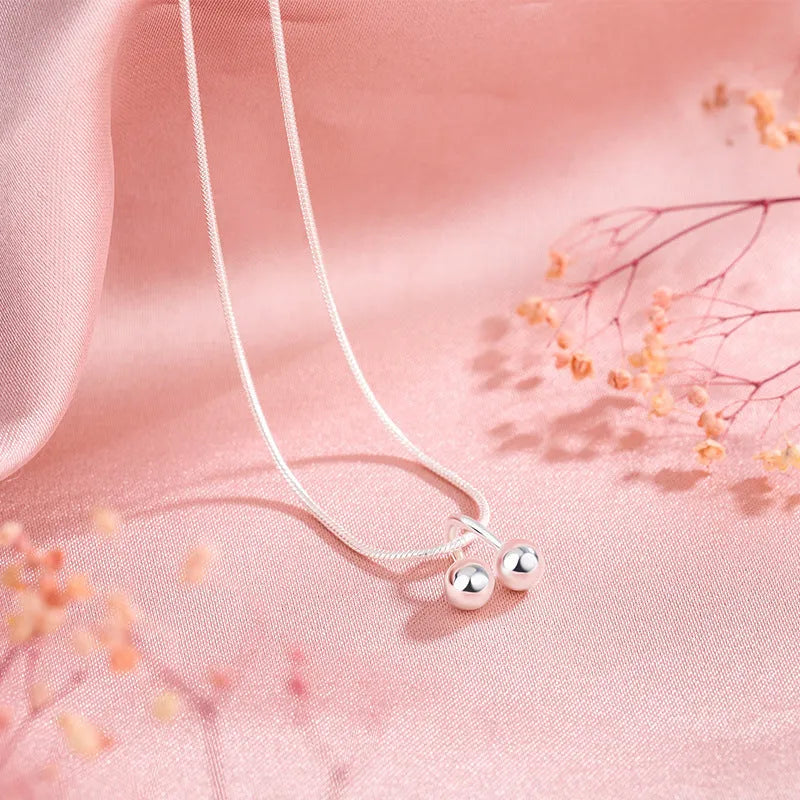 Silver cherry necklace with 925 silver pendant on adjustable snake bones chain