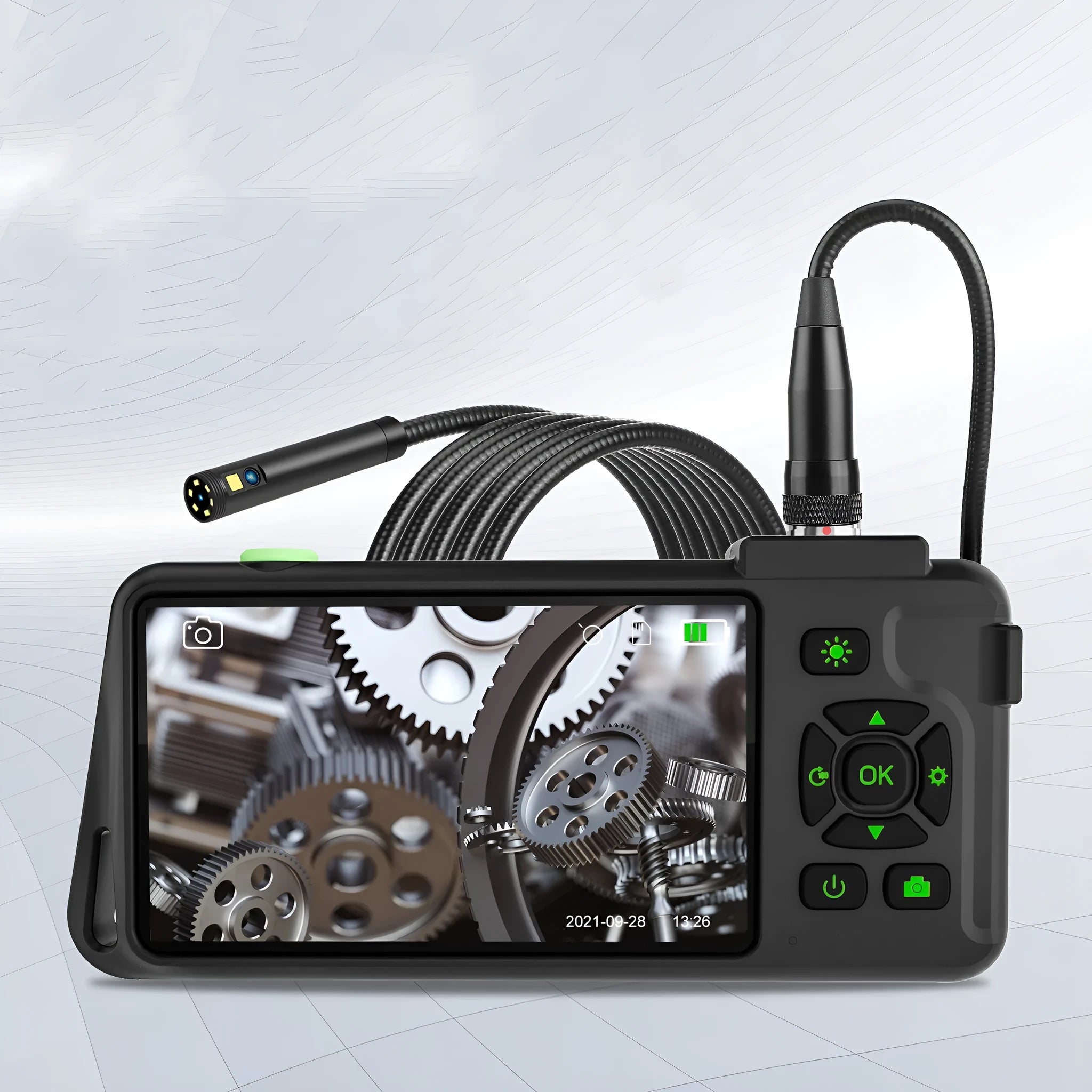 Handheld industrial endoscope with 4.5-inch screen and 5.5mm dual lens probe for automotive inspection