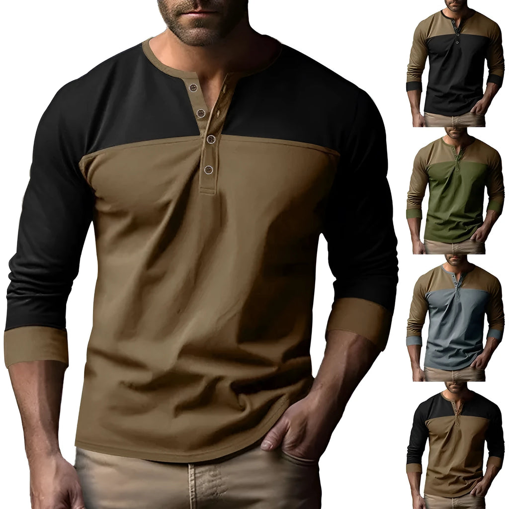 Men's retro style long sleeve henry collar shirt in polyester beaded twill fabric earth tone colours