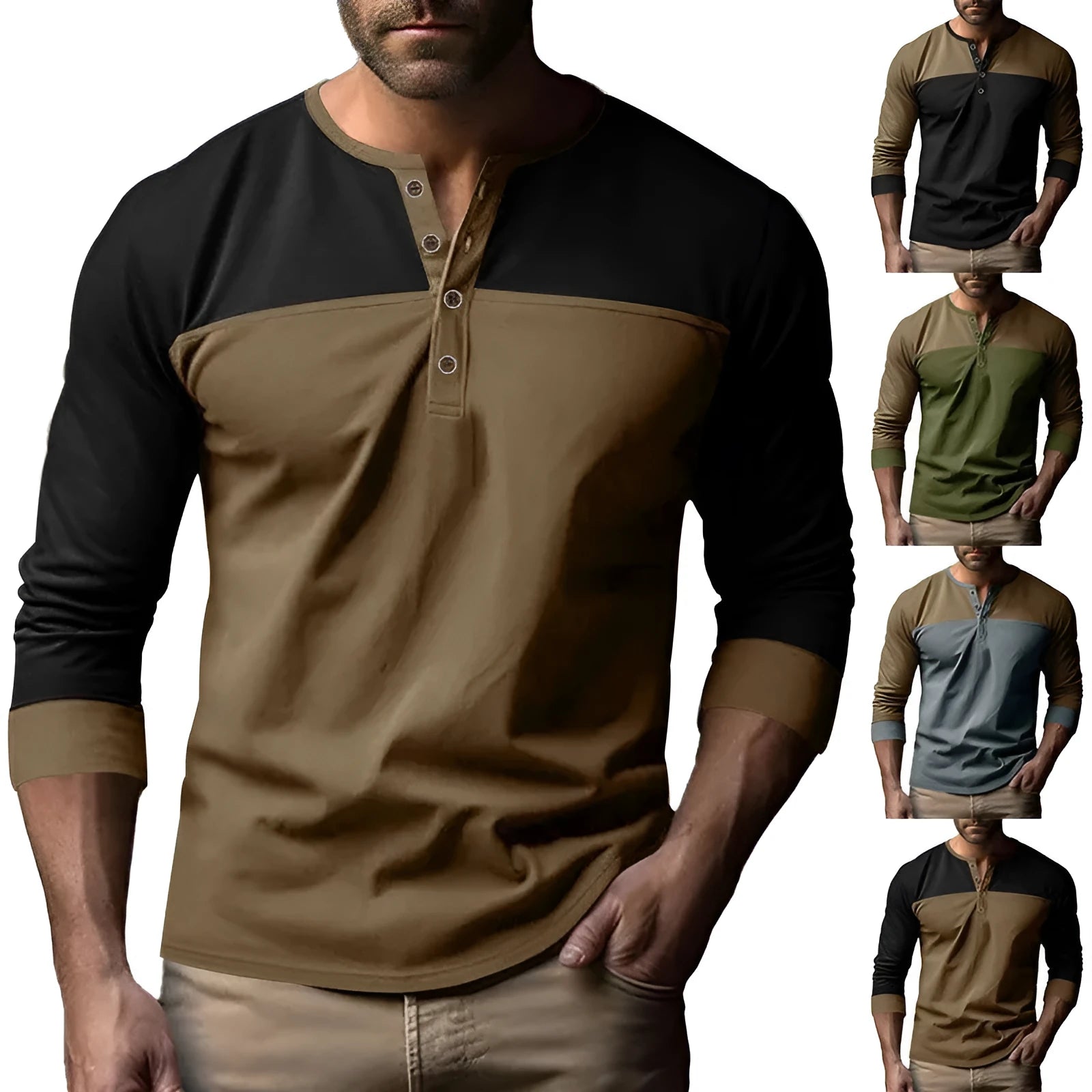Men's retro style long sleeve henry collar shirt in polyester beaded twill fabric earth tone colours