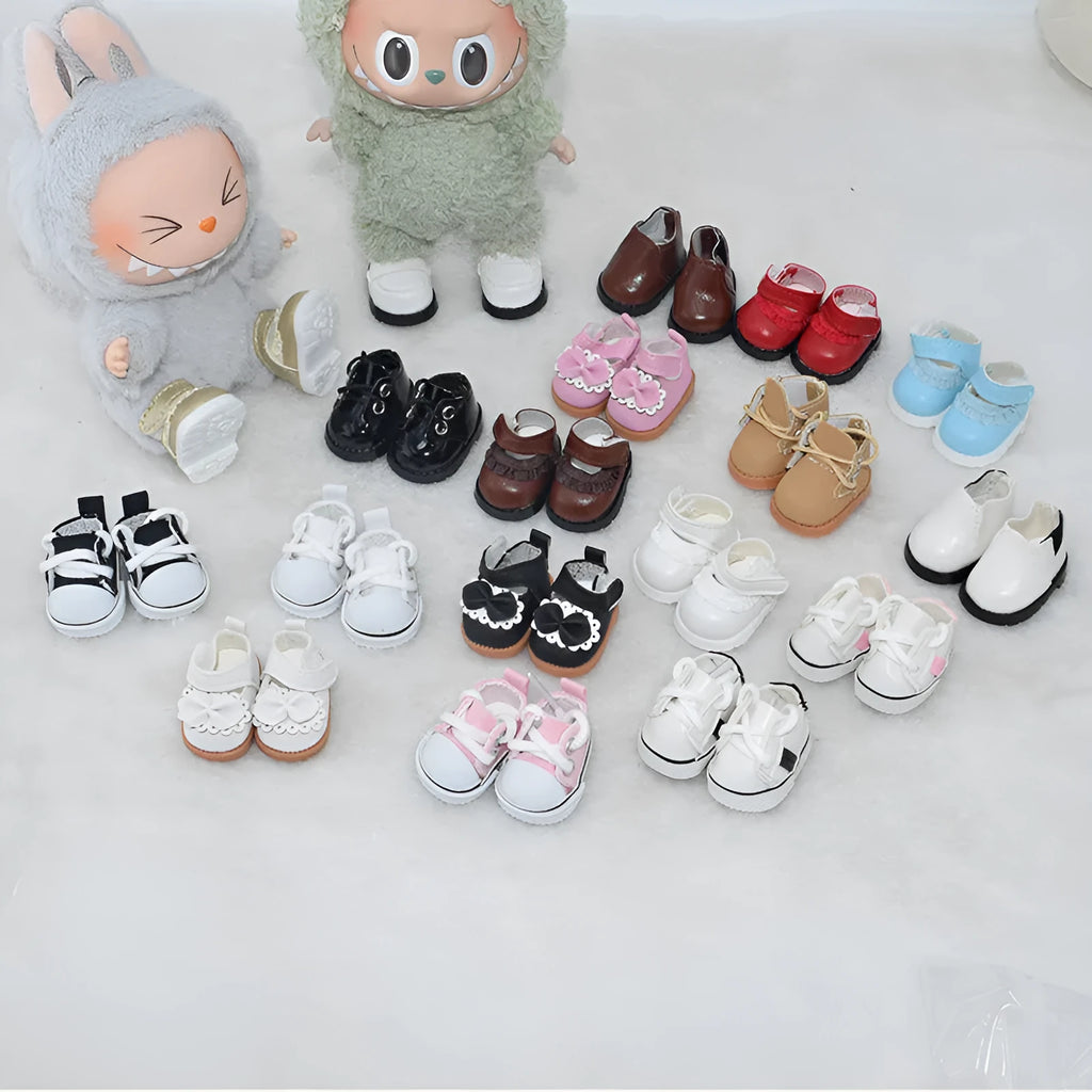 17CM scale doll replacement shoes in PU material showing multiple style options including boots and leather shoes.