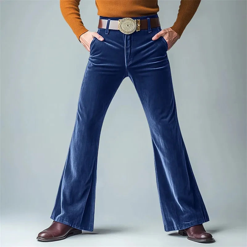 Men's slim flared suit pants in gold velvet fabric with lightweight business styling