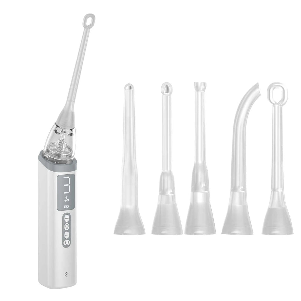 Milky white plastic tonsil stone extractor oral cleaning tool on a white background.