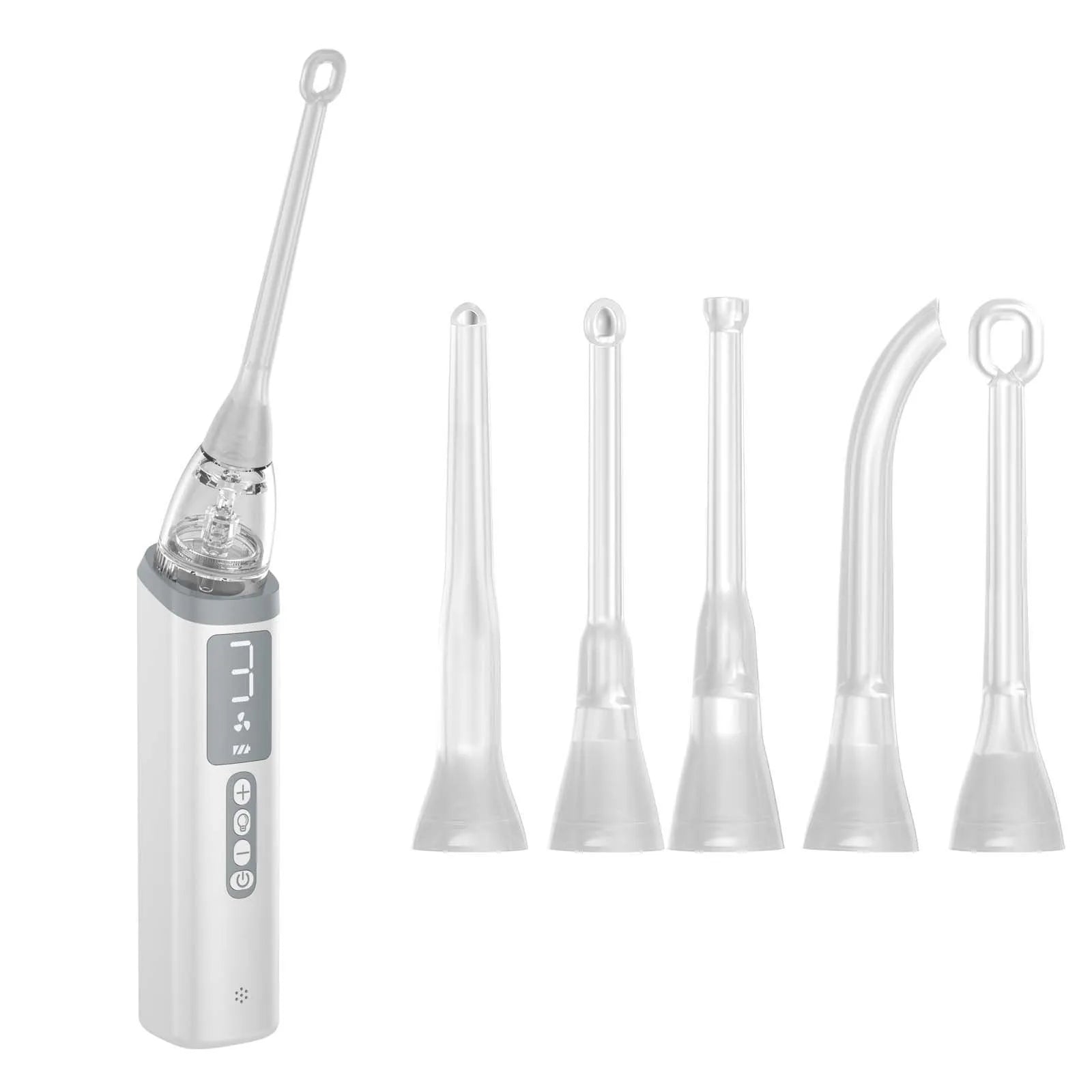 Milky white plastic tonsil stone extractor oral cleaning tool on a white background.