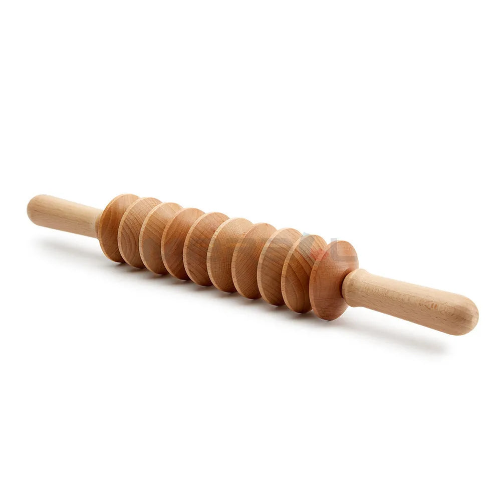 Beech wood massage roller set with multiple wheel configurations including T-shaped and various wheel counts