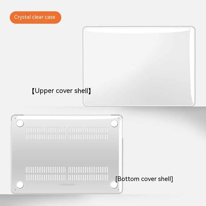 MacBook protective case in plastic shell, shown in crystal black and transparent options, fitted on a MacBook laptop