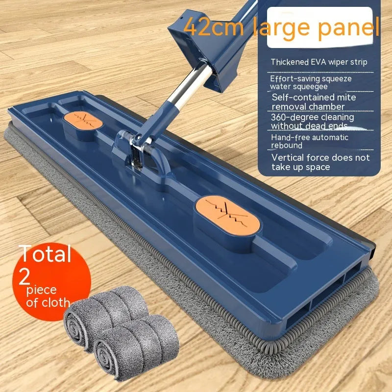 Large flat mop with extended stainless steel handle and blue fine fibre cloths on rotating head