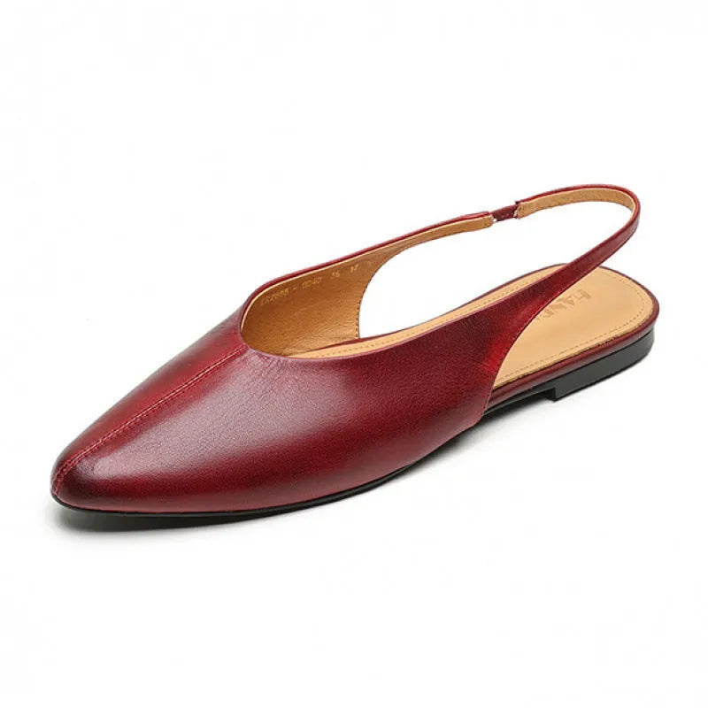 Women's flat summer sandals with pointed toe, hollow out detail, pigskin lining, beef tendon sole