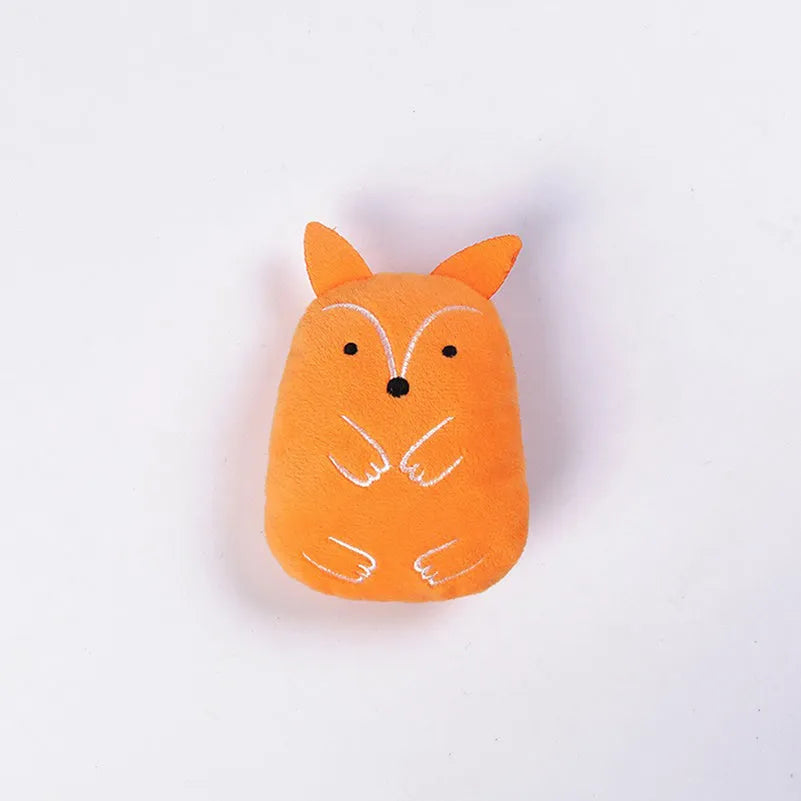 Plush catnip chewing toy for teeth grinding with vocal sounds, shown in assorted colours