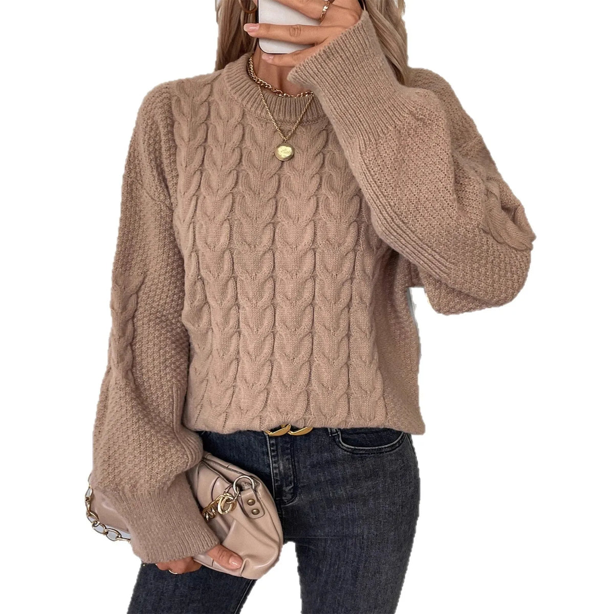 Women's beige polyester pullover sweater with round neck and twist design detail